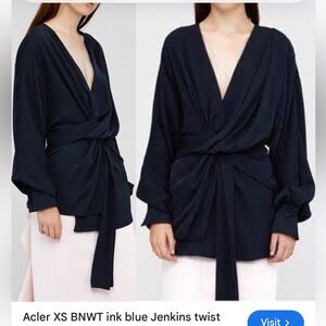 Acler Ink Blue Navy Twist Front Jenkins Blouse top designer NEW